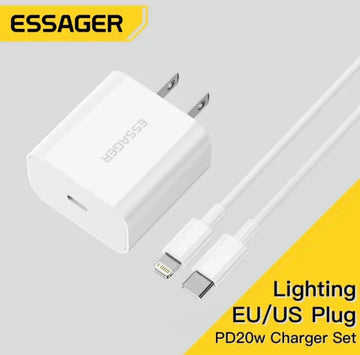 Essager شاحن سريع 20 واط + مجموعة كابل من النوع C إلى Lightning